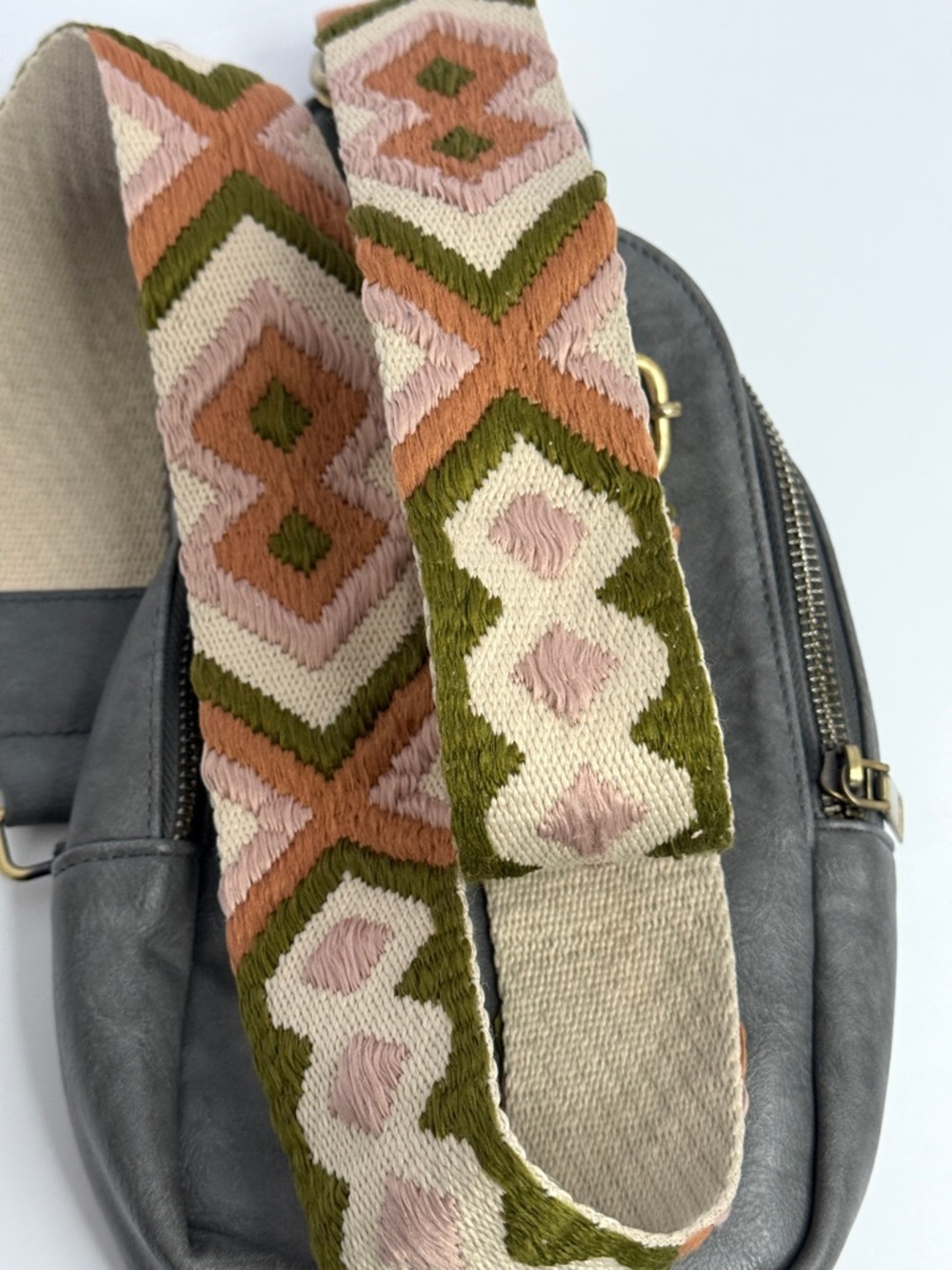 Gray Small Sling Crossbody Bag w/ Patterned Strap - Picture 6 of 10